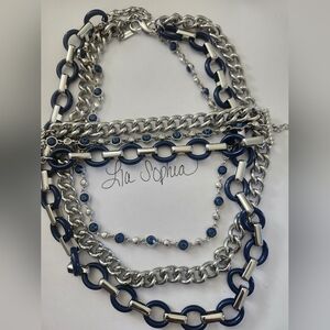 LIA SOPHIA Silver and Blue Chunky Necklace and Bracelet Matching Set